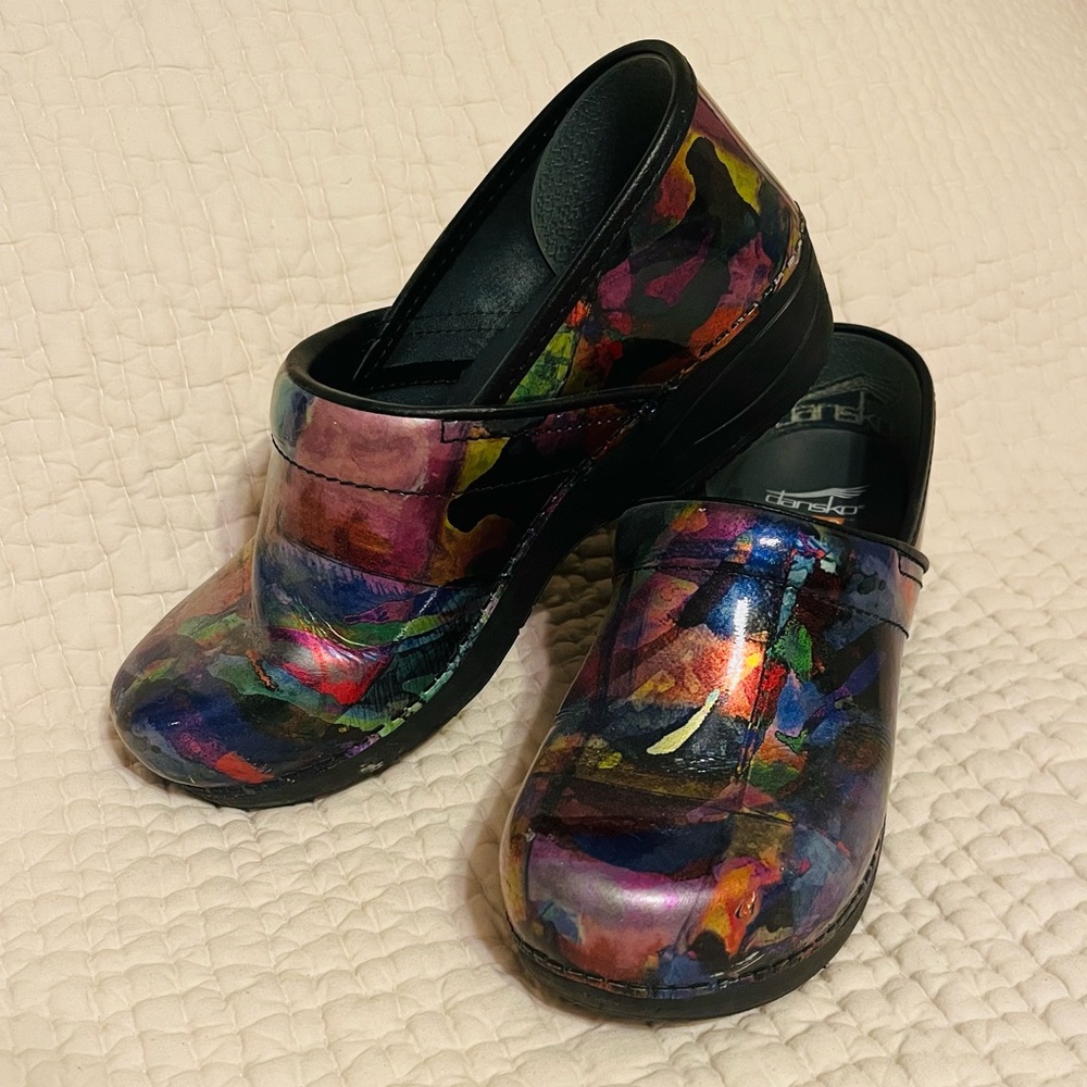 Dansko Multicolor Patent Leather Abstract Print Clogs